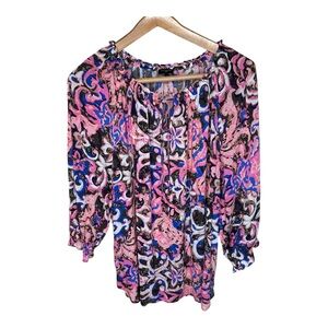 Talbots Tie Neck Peasant Blouse Coral Reef Floral Size 2X 3/4 Sleeve Rayon